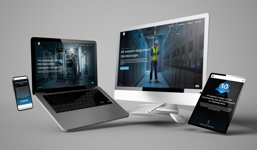 Laptop, Desktop und Tablet zeigen verschiedene Seiten einer Website für MSR Elektronik mit Bildern von Technikern und Text zu Dienstleistungen und Jubiläum