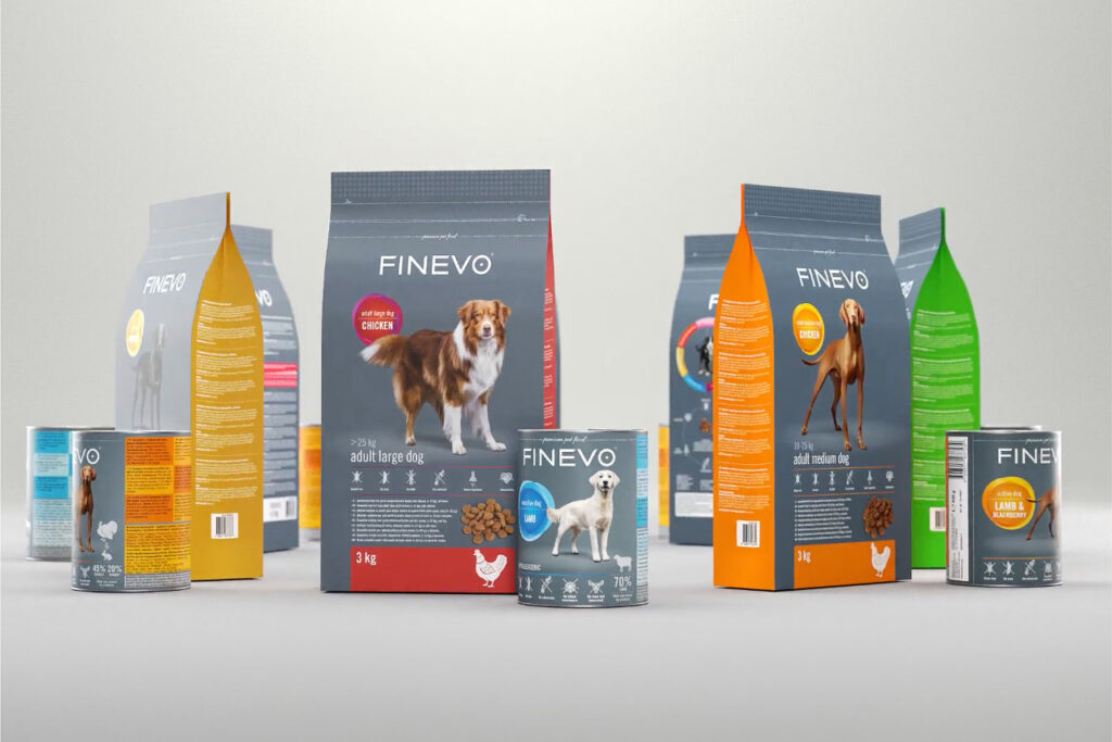 Finevo Hundefutter Verpackungsdesign für Corporate Identity.