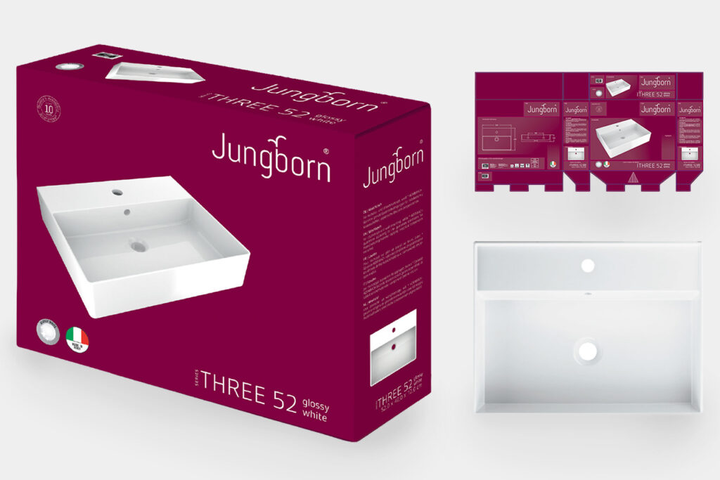 Jungborn Waschbeckenverpackung in glänzendem Weiß mit Produktbeschreibung.