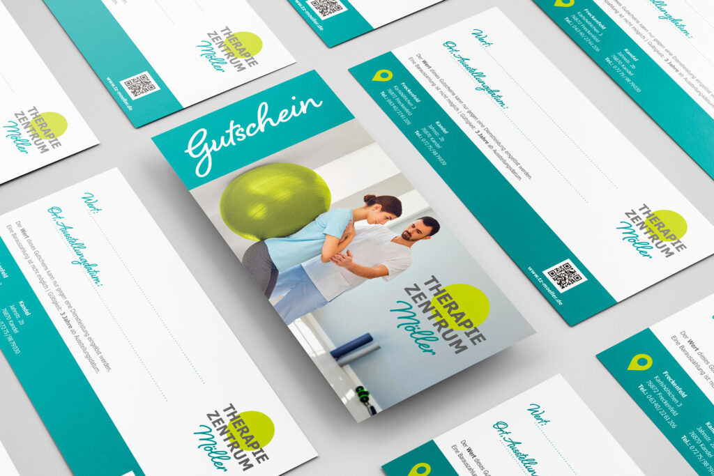 Gutscheine mit Printdesign für ein Therapiezentrum, professionell gestaltet.