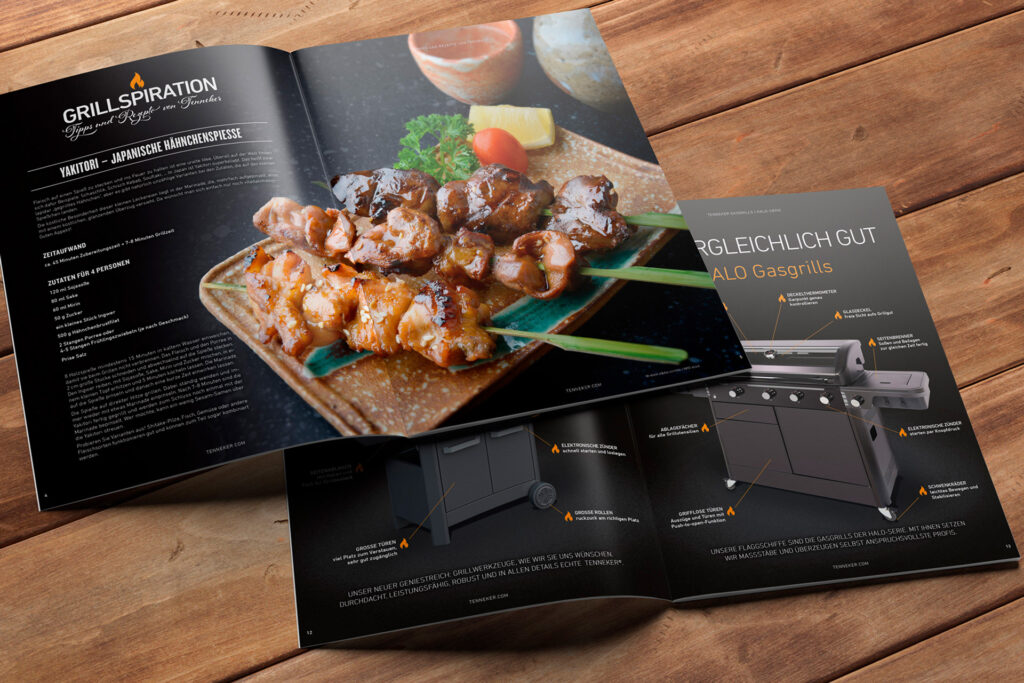Broschüren-Design für Grillartikel mit japanischen Hähnchenspießen.