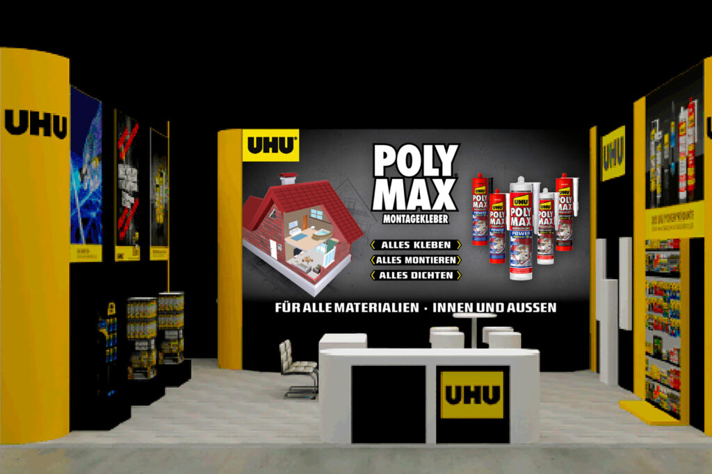 Messestand mit Schwerpunkt auf Poly Max Kleber, eingebettet in eine umfassende Printdesign-Ausstellung.